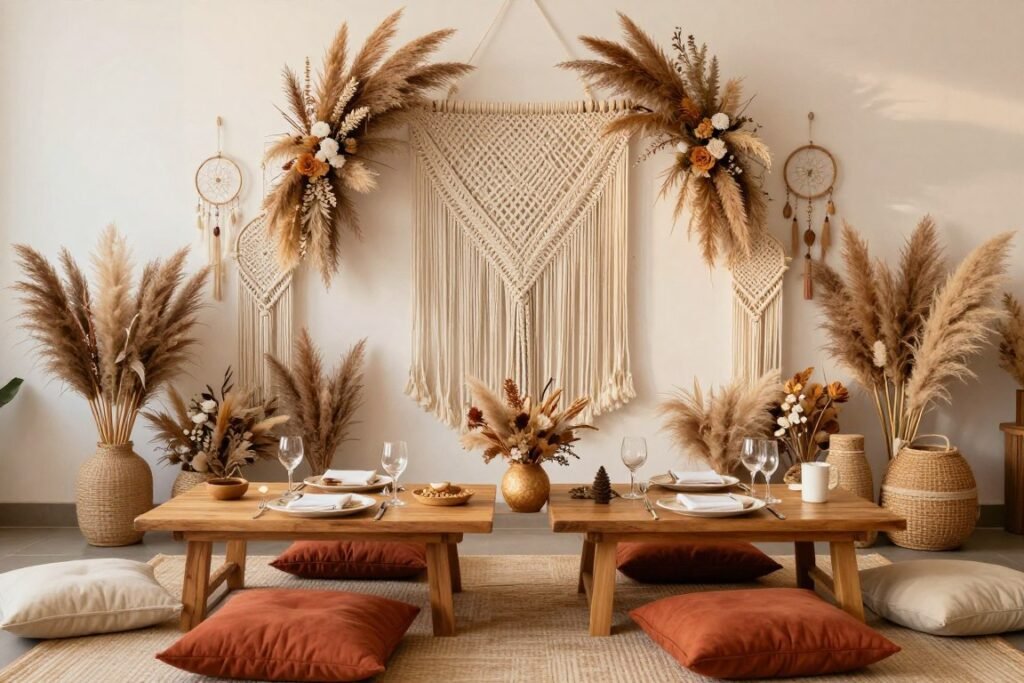 Bohemian bridal shower decorations featuring pampas grass, macrame, and earthy tones