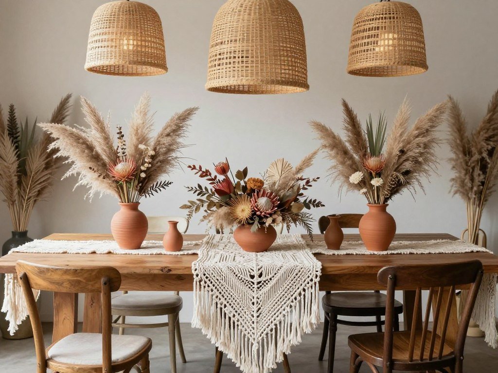 Bohemian head table wedding decorations with pampas grass and eclectic elements