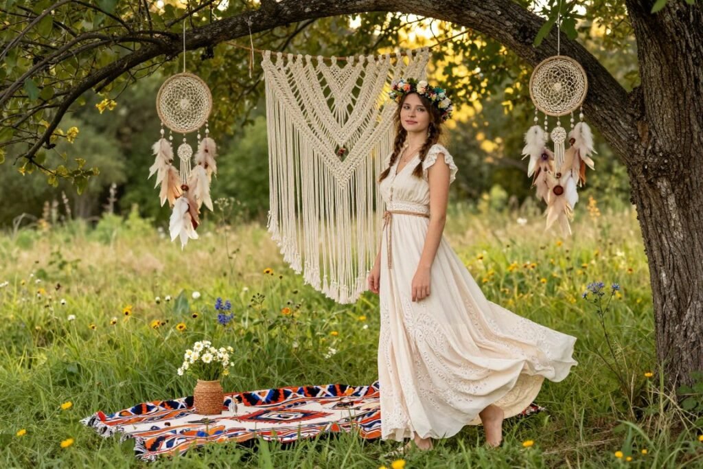 Bohemian outdoor sweet 16 photoshoot with natural setting and flowing dress