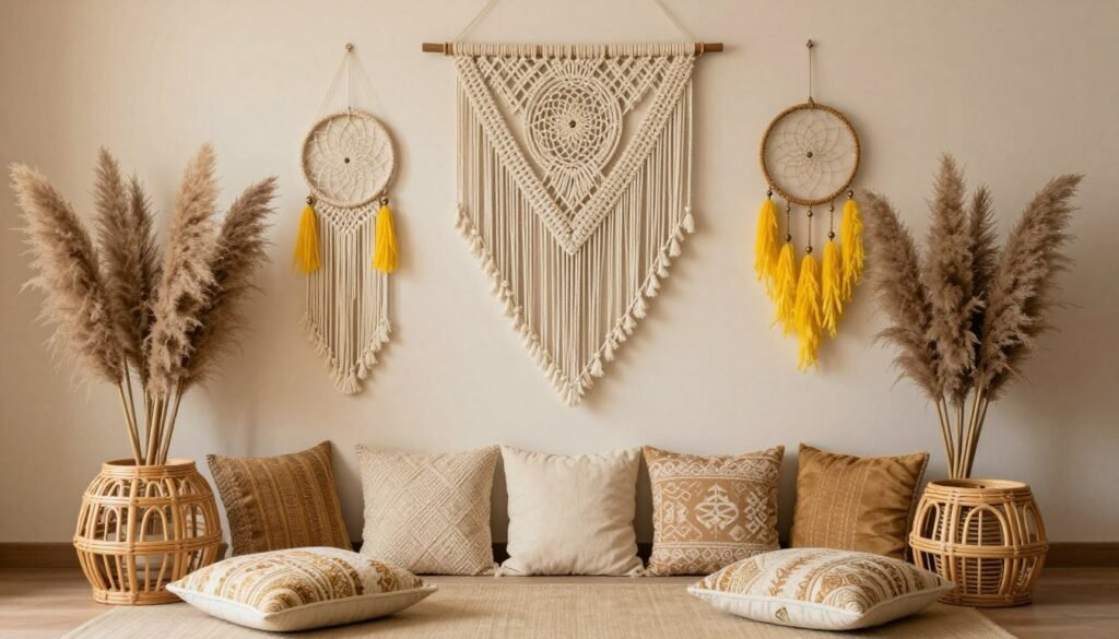Bohemian style haldi decoration with macramé and pampas grass