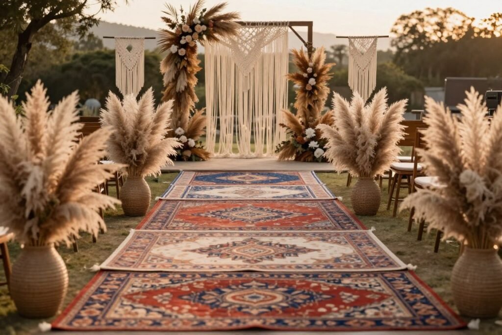Bohemian wedding aisle decorated with pampas grass, layered rugs, and macramé details