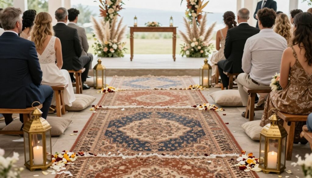 Bohemian wedding aisle decorated with vintage rugs, flower petals, and lanterns