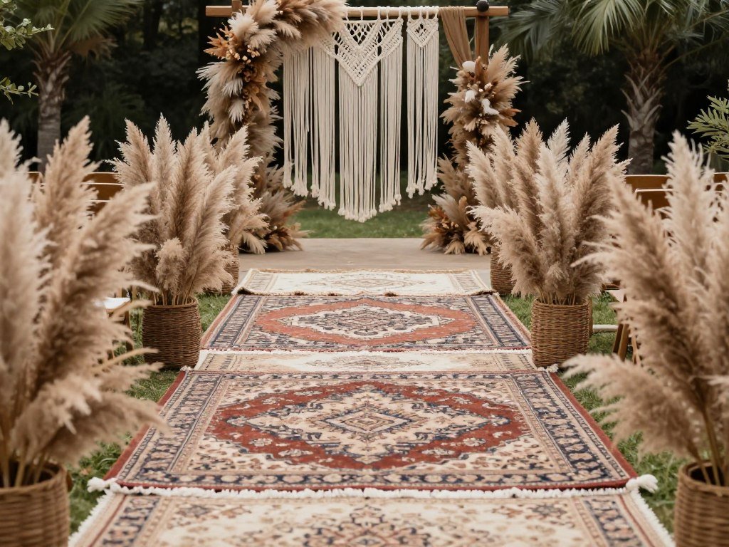 Bohemian wedding aisle with pampas grass, macramé details, and vintage rugs