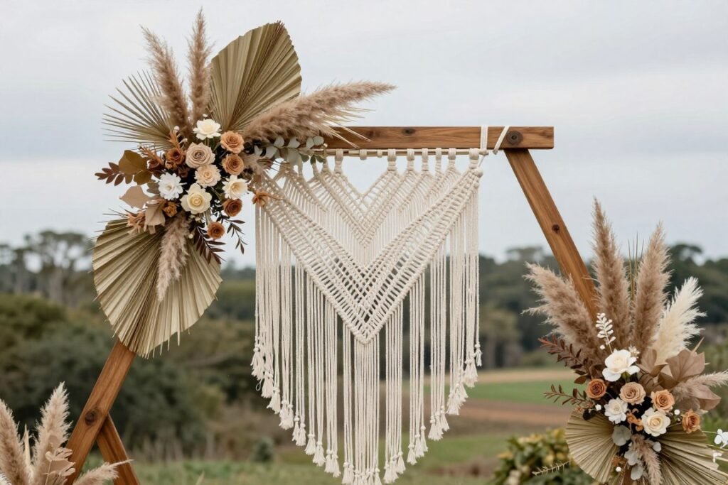 Bohemian wedding ceremony arch with macrame, pampas grass, and dried flowers