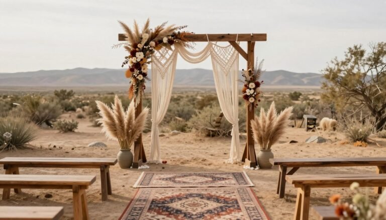 Bohemian wedding ceremony setup with macrame backdrop, pampas grass arrangements, and vintage rugs lining the aisle