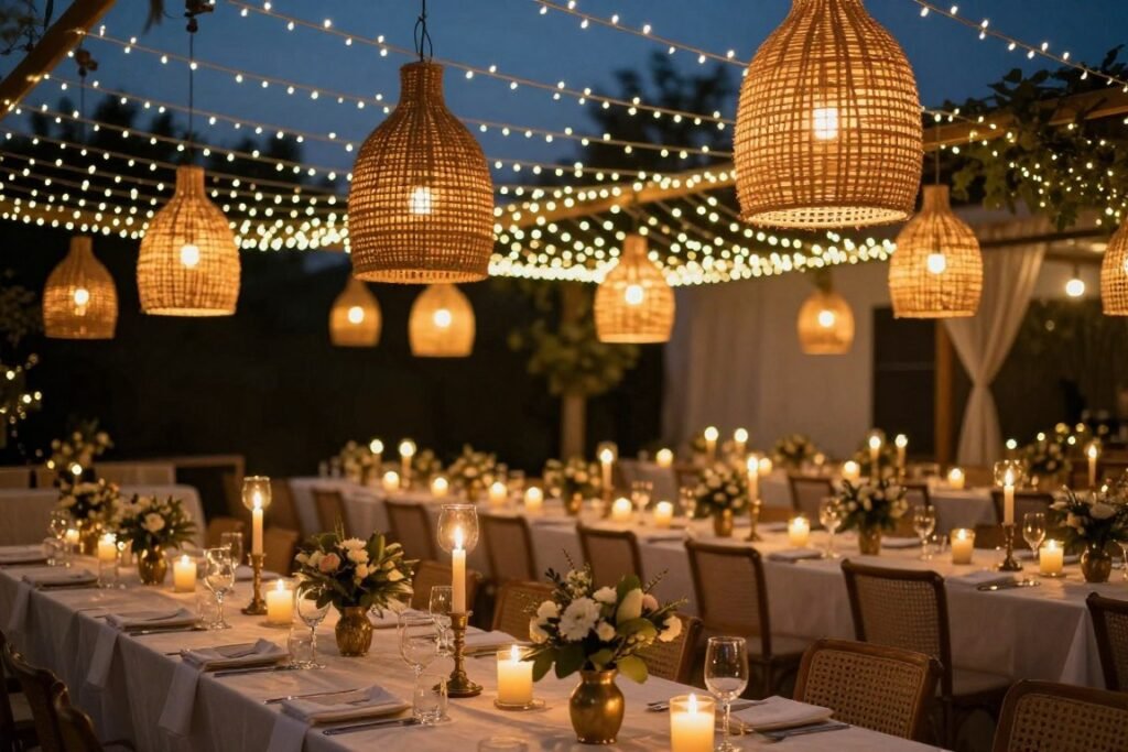 Bohemian wedding lighting with hanging rattan lanterns and candles