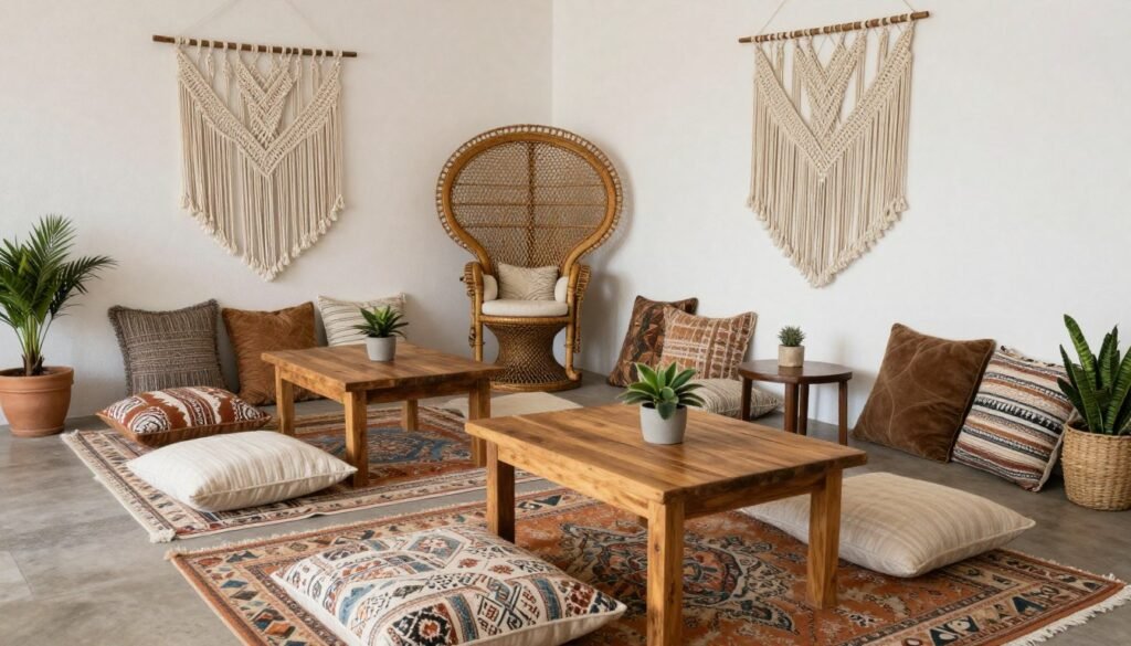 Bohemian wedding lounge area with floor cushions, vintage furniture, and rugs