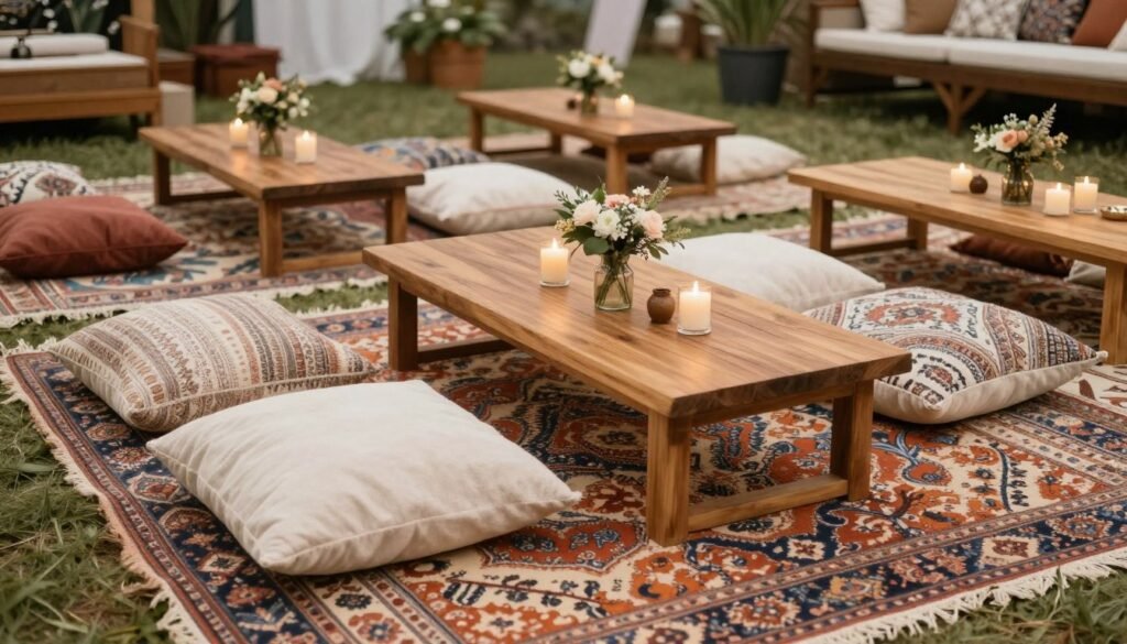 Bohemian wedding lounge with layered rugs, floor pillows, and low tables