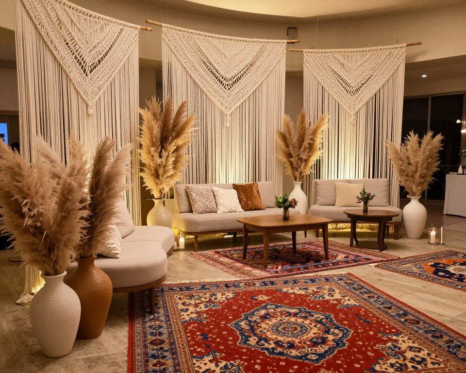 Bohemian wedding reception with macramé backdrops, pampas grass arrangements, and colorful rugs