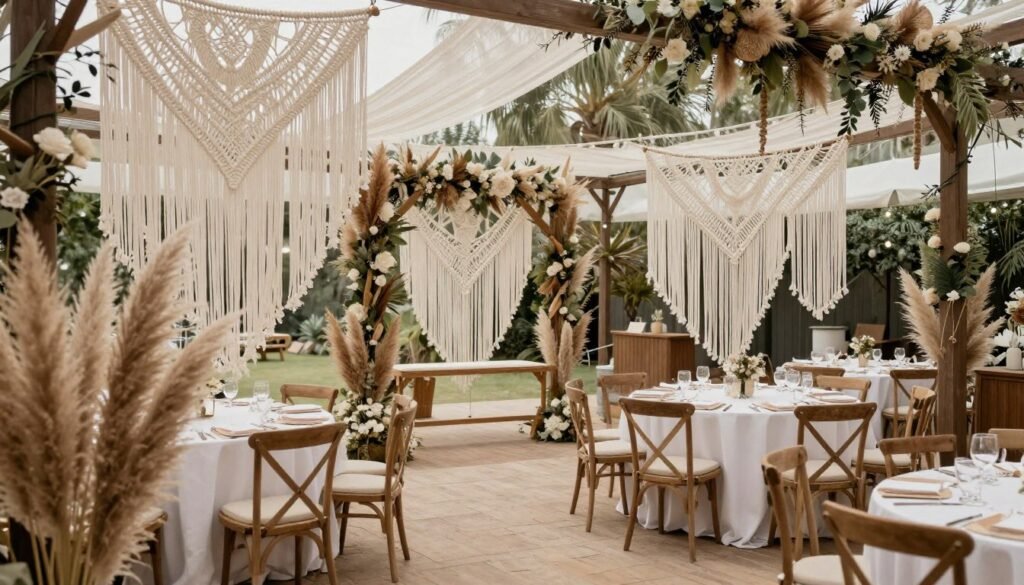 Bohemian wedding reception with macramé decorations, pampas grass, and earthy color palette