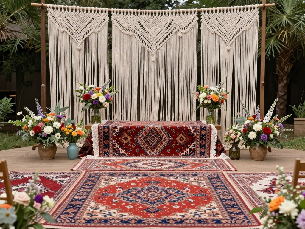 Bohemian wedding setup with macramé decorations, colorful rugs, and wildflower arrangements