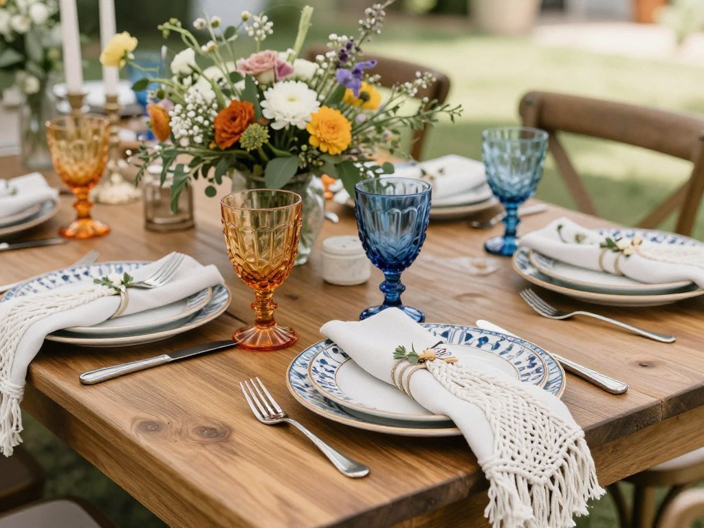 Bohemian wedding table setting with mixed patterns and textures