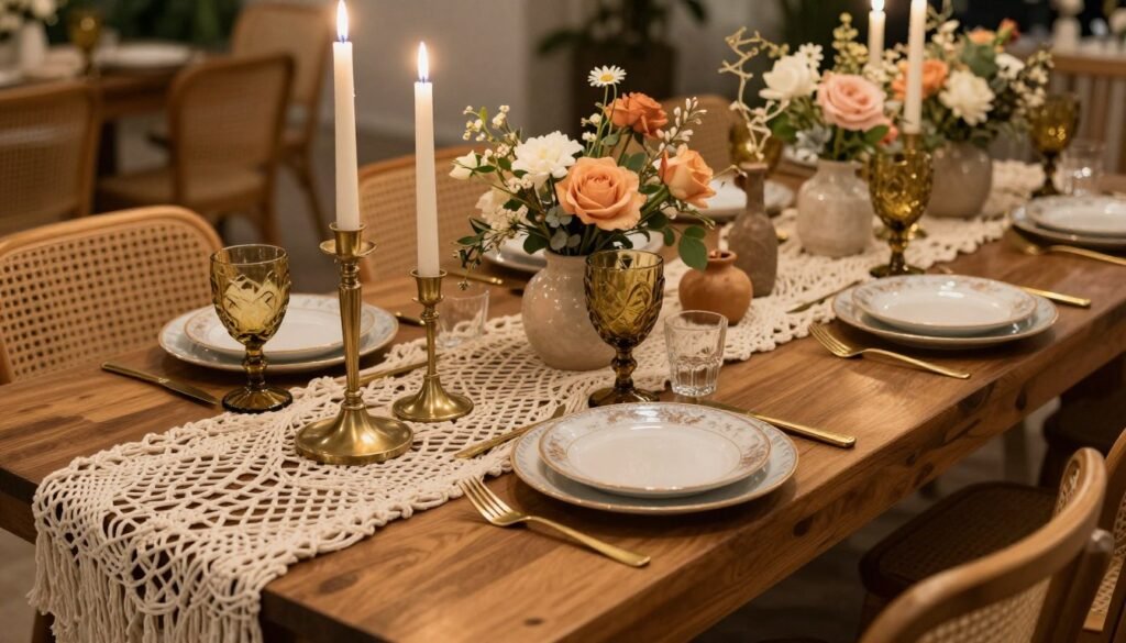 Bohemian wedding tablescape with macrame runner, brass candlesticks, and loose floral arrangements