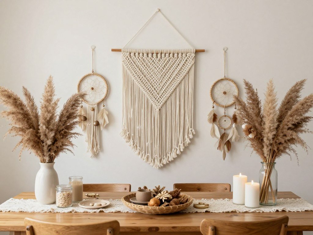 Boho chic bachelorette decor with macramé, pampas grass, and earthy tones Boho chic bachelorette decor with macramé, pampas grass, and earthy tones