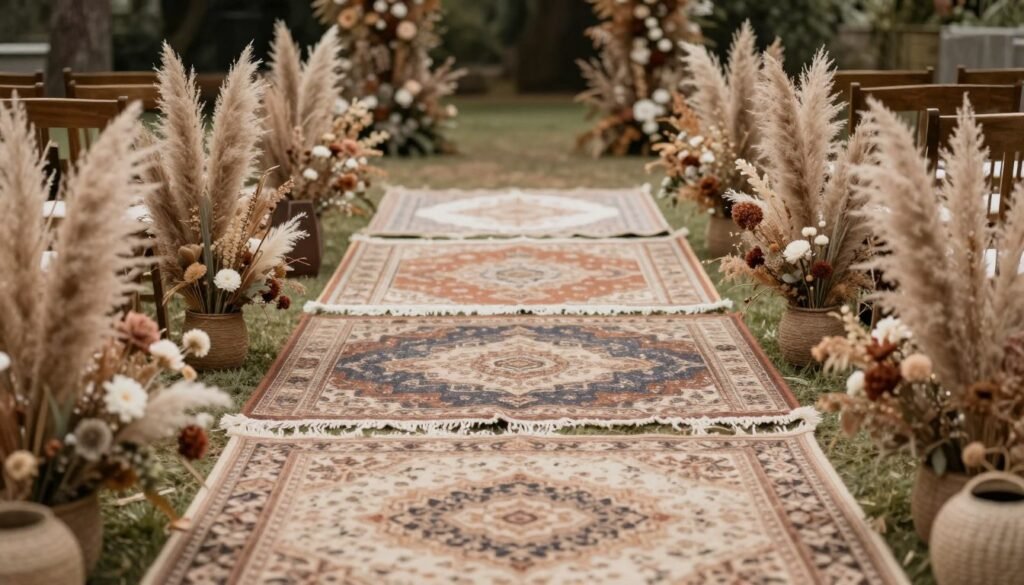 Boho wedding aisle decorated with vintage rugs and pampas grass