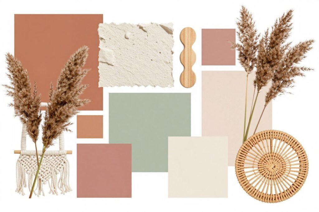 Boho wedding mood board showing color palette of earthy tones, dried flowers, and natural textures