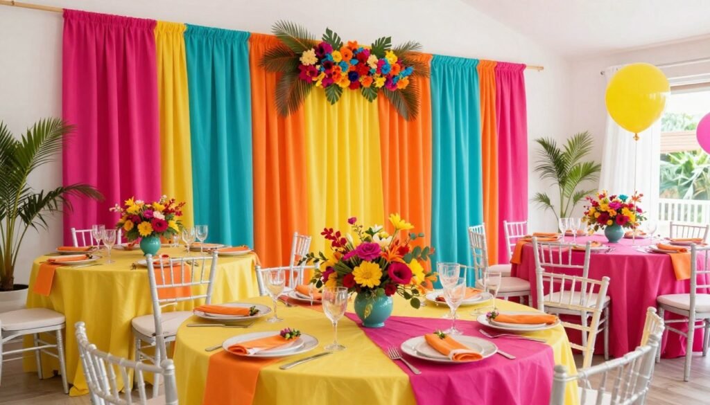 Bold vibrant color palette bridal shower with bright coordinated decorations