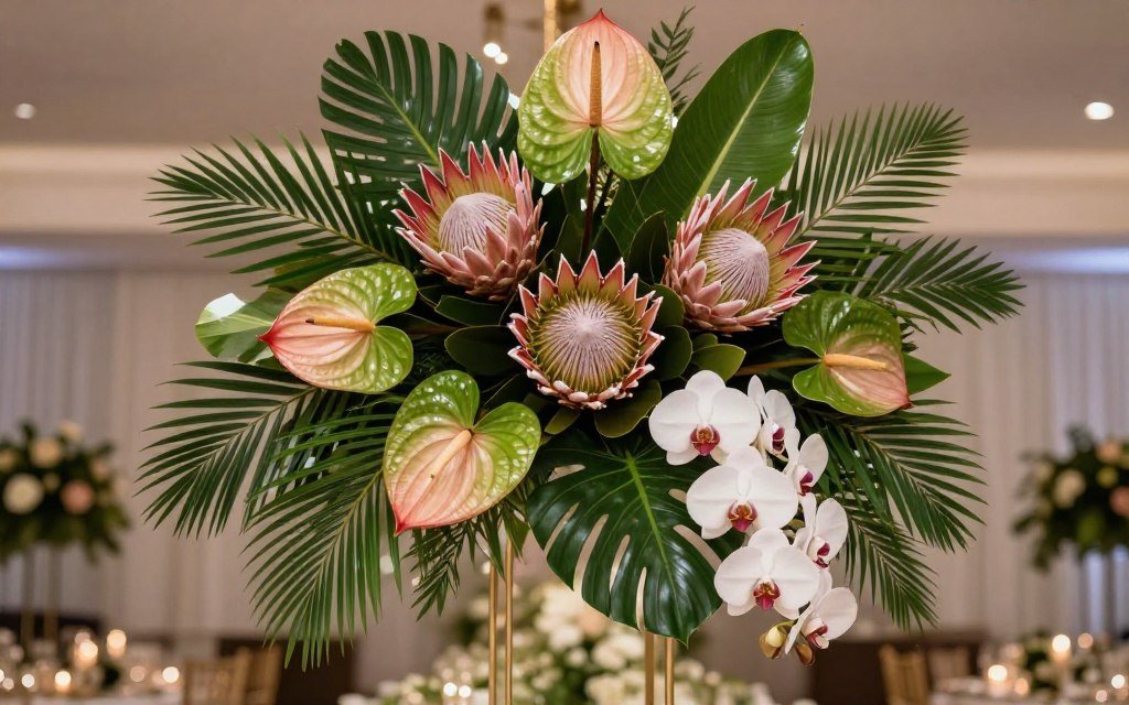Bold wedding arrangement with king protea and tropical flowers
