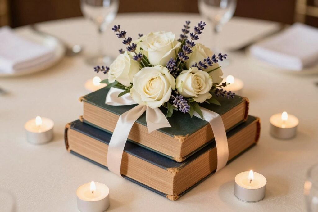 Book-themed wedding table centerpiece with vintage books and small flowers
