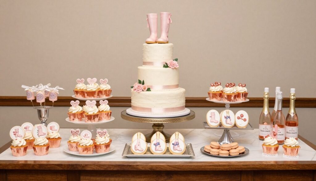 Boots and bubbly bridal shower dessert table