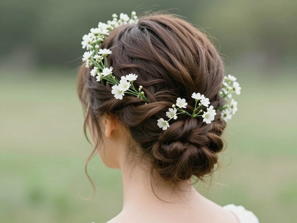 Braided crown updo hairstyle with flowers