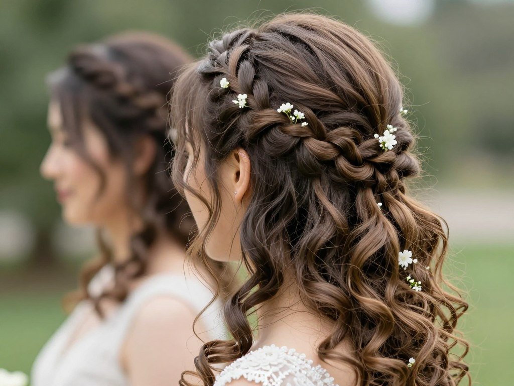 Braided half-up bridesmaid hairstyle with romantic details