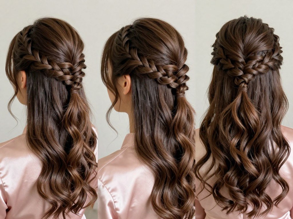 Braided half-up crown bridesmaid hairstyle with intricate top detail Braided half-up crown bridesmaid hairstyle with intricate top detail