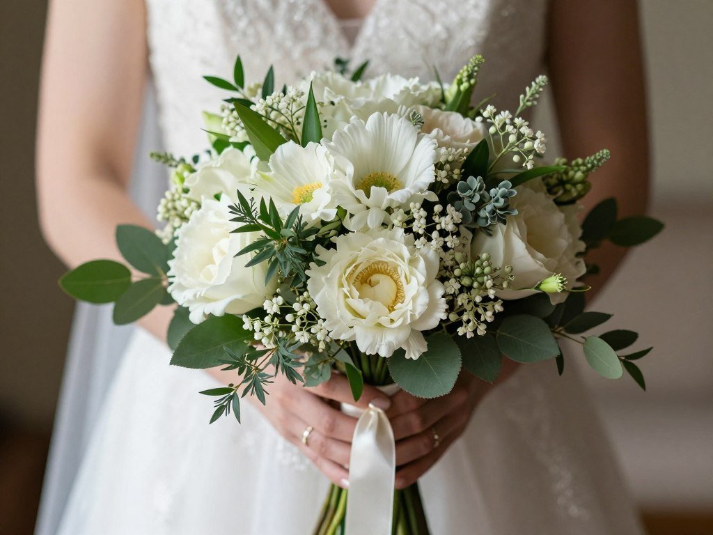 Bridal bouquet close-up showing flower variety and ribbon details