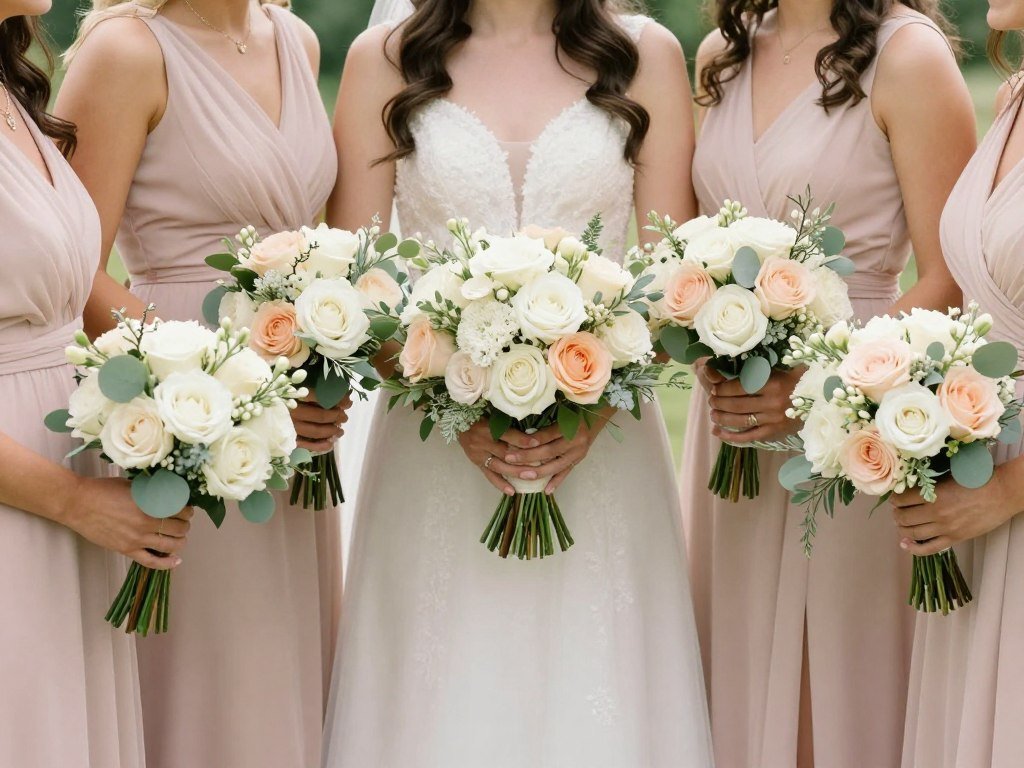 Bridal party bouquets complementing blush pink dresses