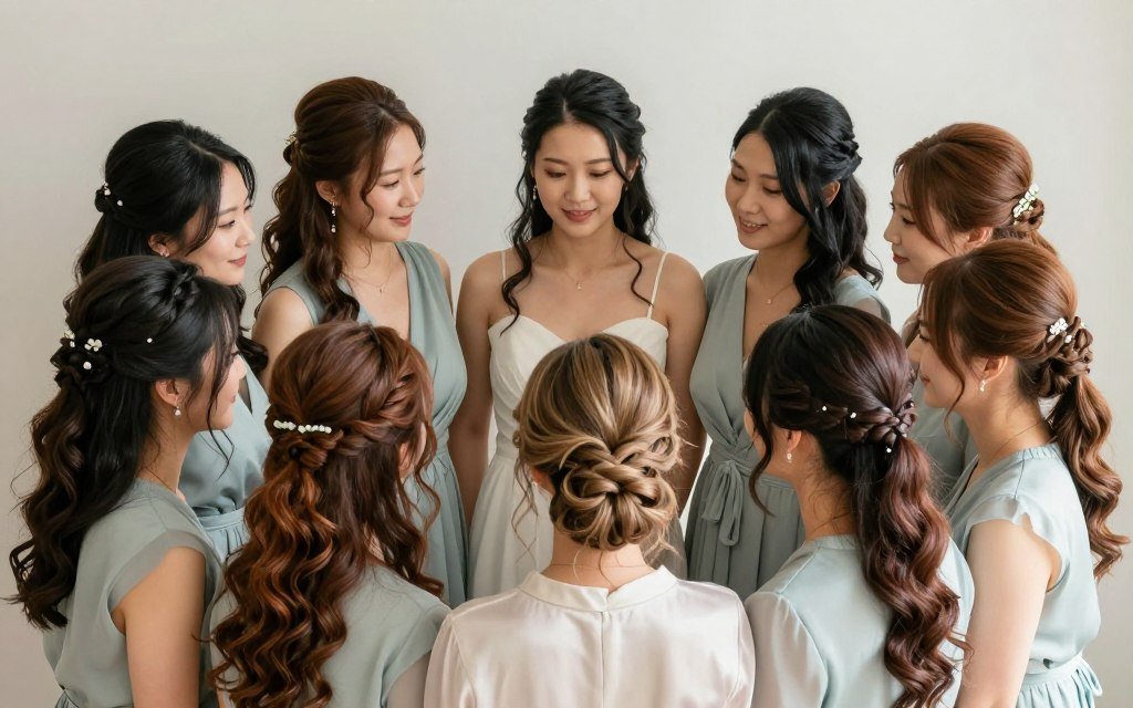 Bridal party demonstrating cohesive hairstyle theme Bridal party demonstrating cohesive hairstyle theme
