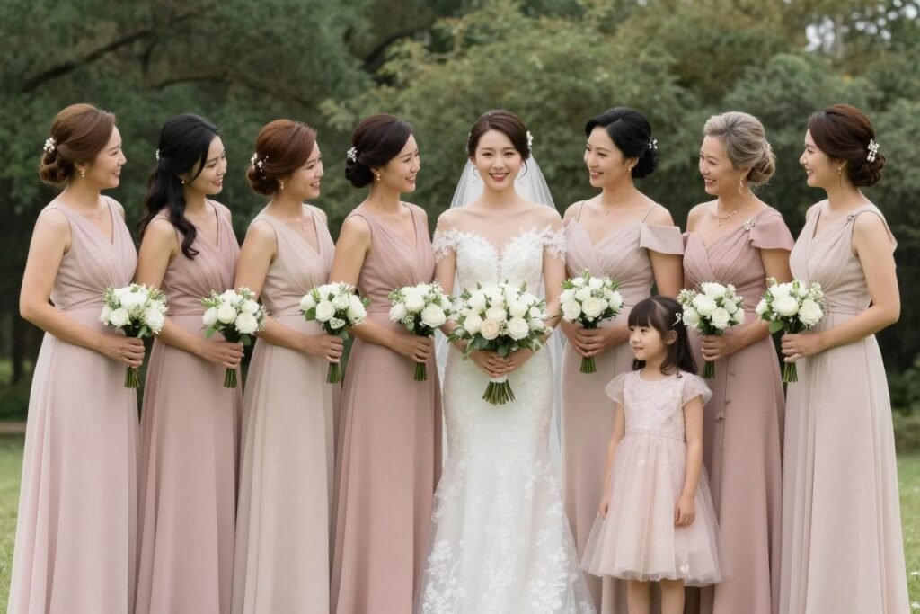Bridal party showing coordinated but varied blush pink dress styles