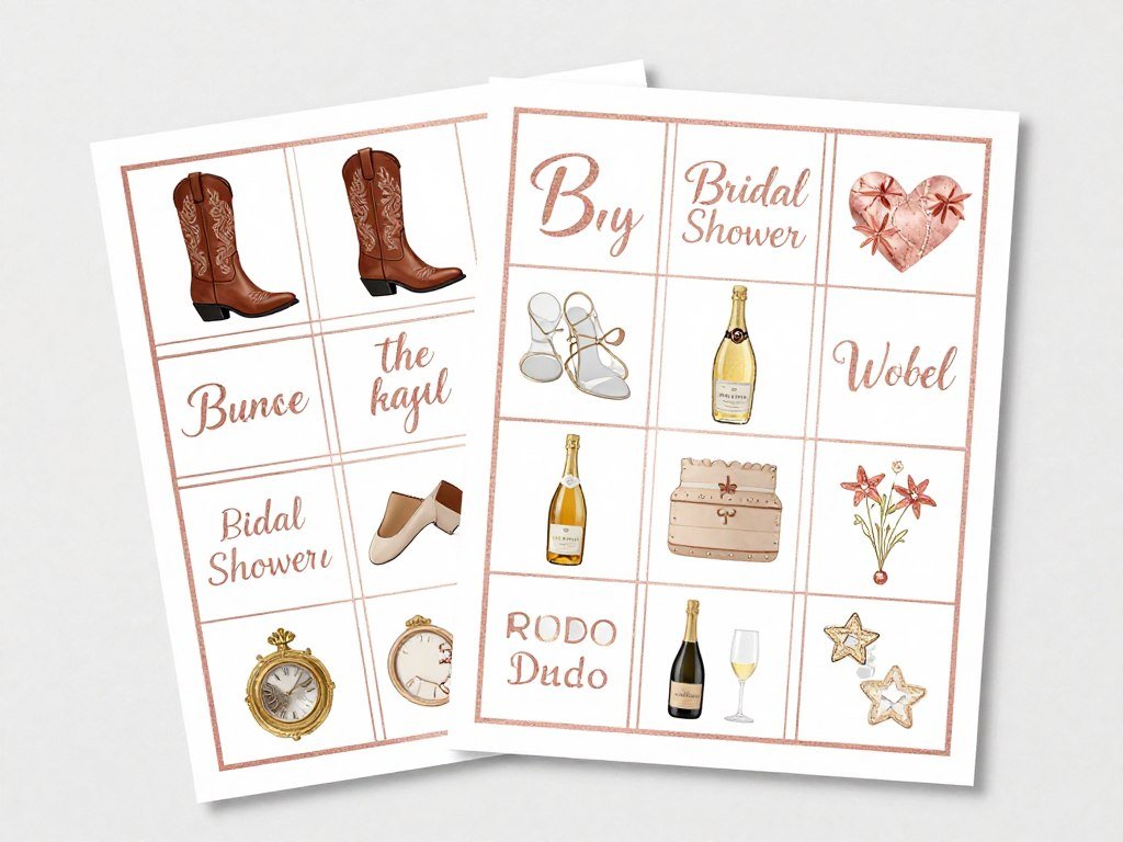 Bridal shower bingo cards with boots and bubbly theme