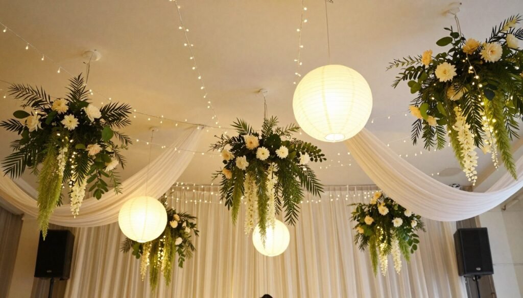 Bridal shower ceiling decorations with lights and flowers