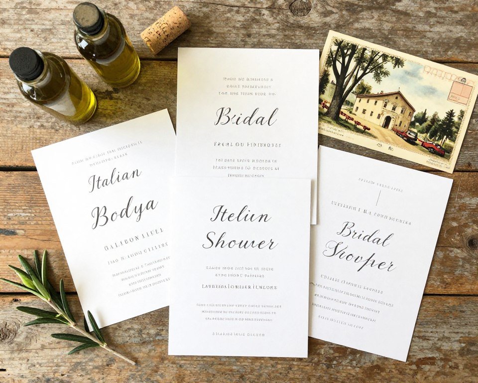 Bridal shower invitations arranged with Italian themed props including olive oil and wine