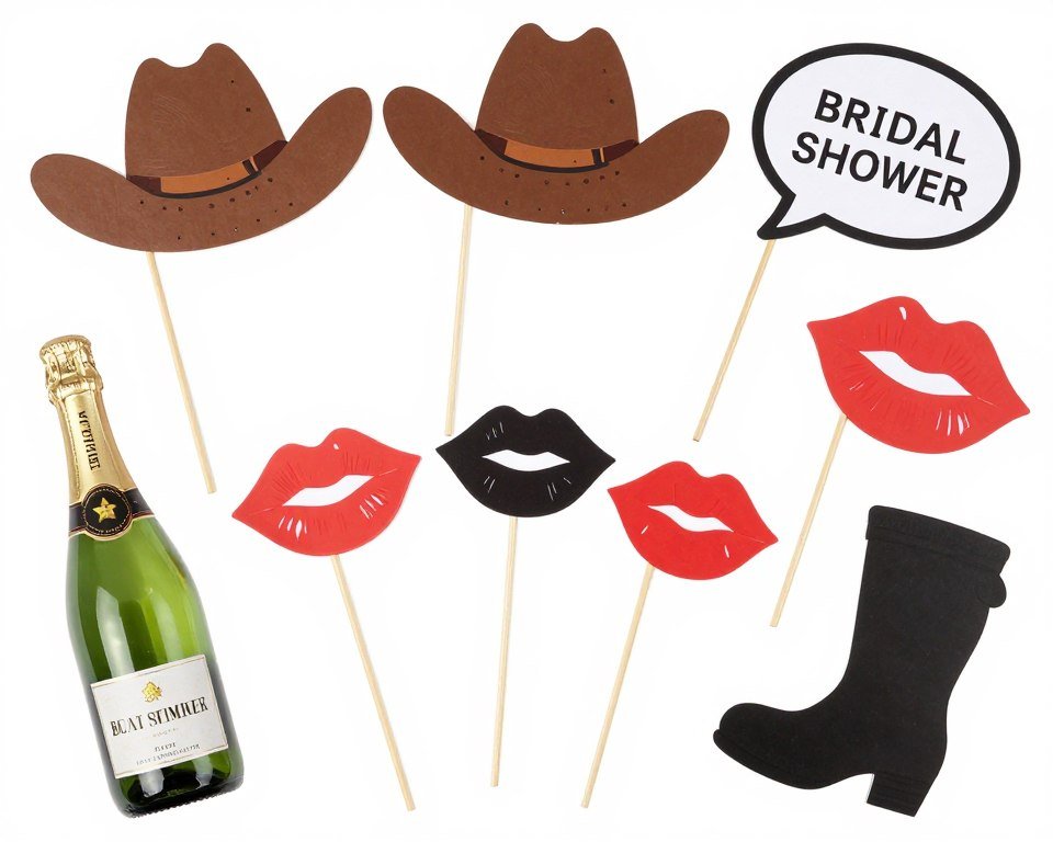 Bridal shower photo props including boots and champagne items