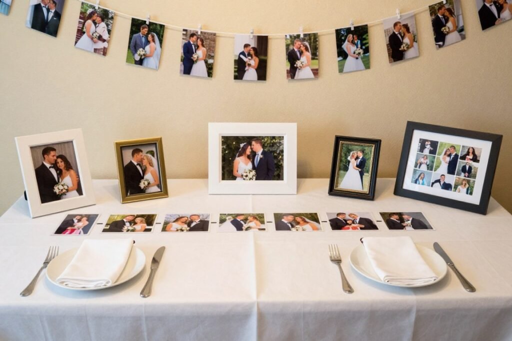 Bridal shower table decorations incorporating photos of the bride and couple throughout their relationship