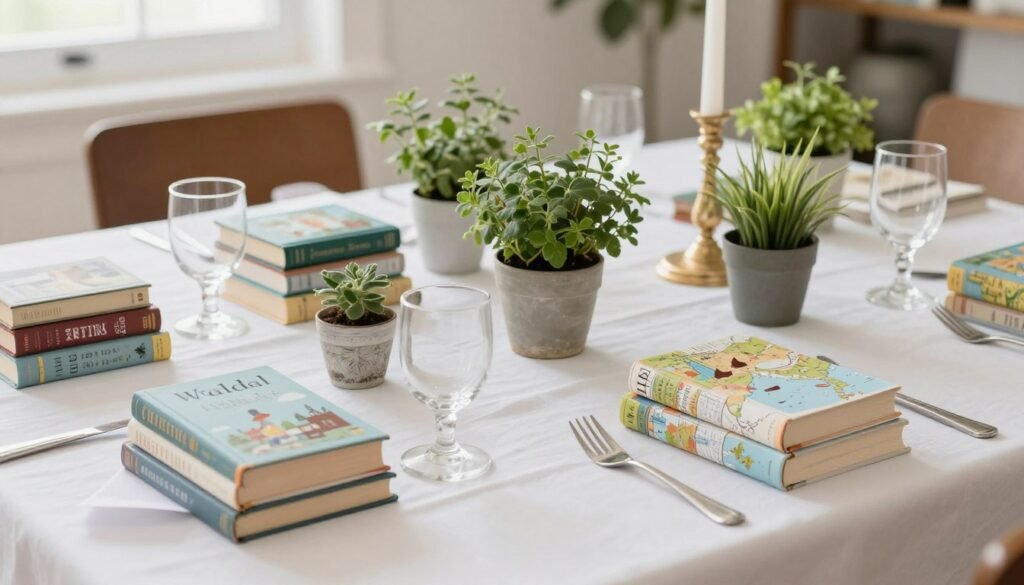 Bridal shower table decorations themed around the bride's hobbies, interests, or favorite things