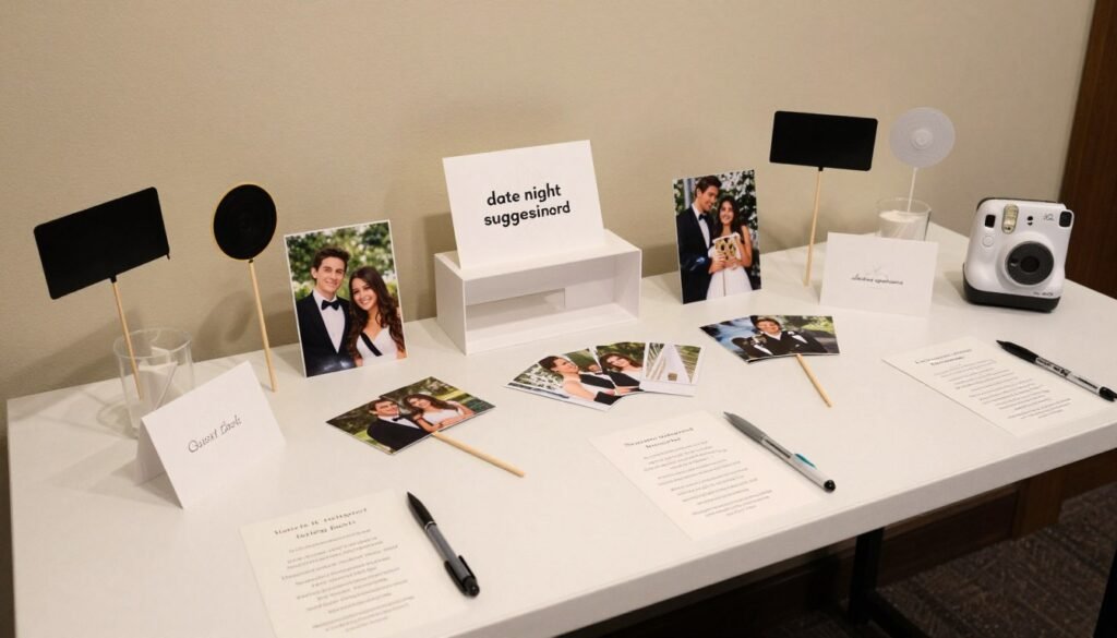 Bridal shower table with interactive elements like advice cards, photo props, or activity stations