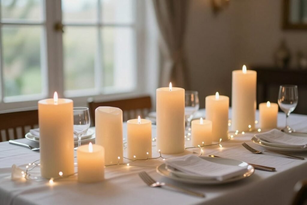 Bridal shower table with strategic lighting including candles, string lights, and natural light