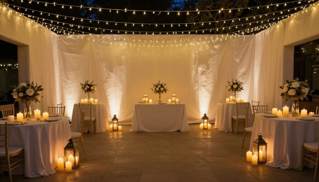 Bridal shower venue showing various lighting elements including fairy lights and candles