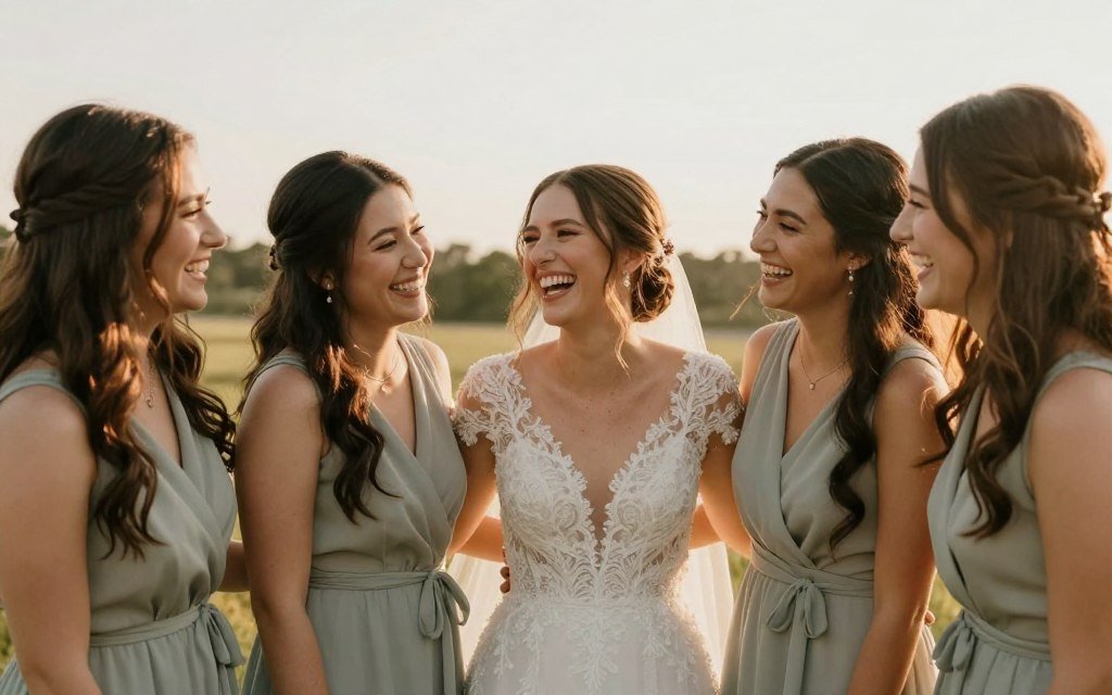 Bride and bridesmaid laughing together