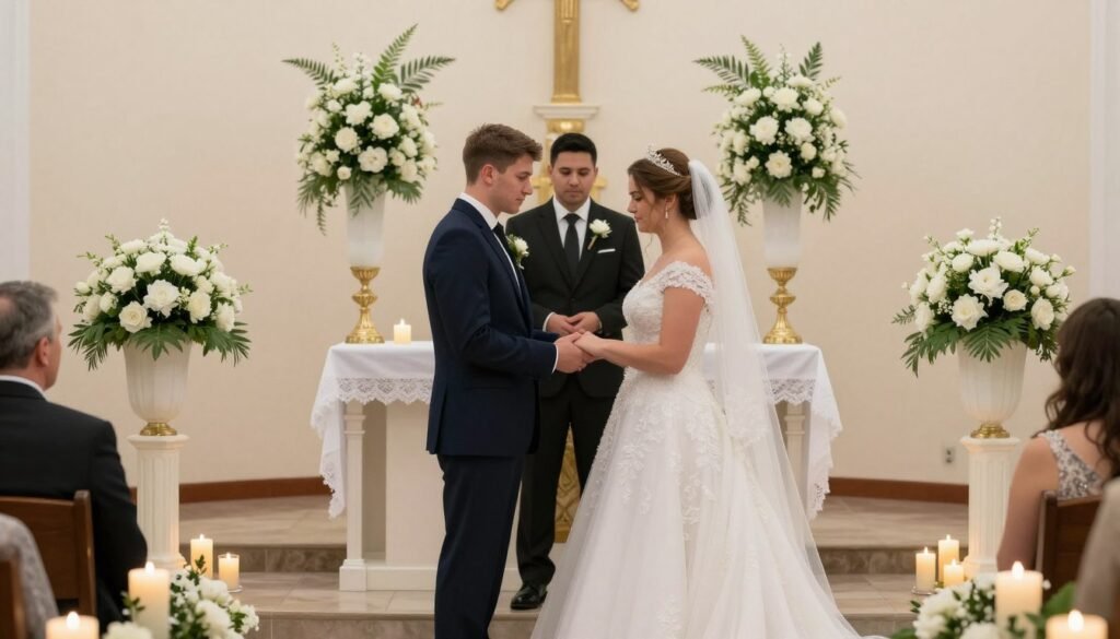 Bride and groom at altar with beautiful church decorations surrounding them