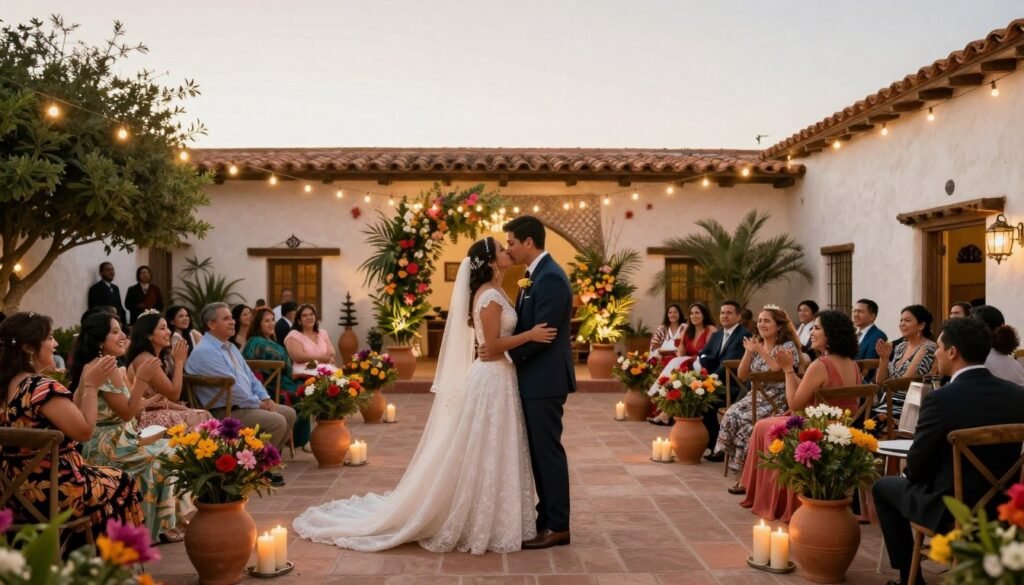 Bride and groom celebrating in a beautifully decorated hacienda wedding venue with authentic Mexican decor elements Bride and groom celebrating in a beautifully decorated hacienda wedding venue with authentic Mexican decor elements