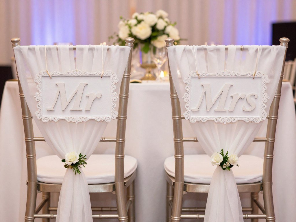 Bride and groom chairs with Mr and Mrs signs