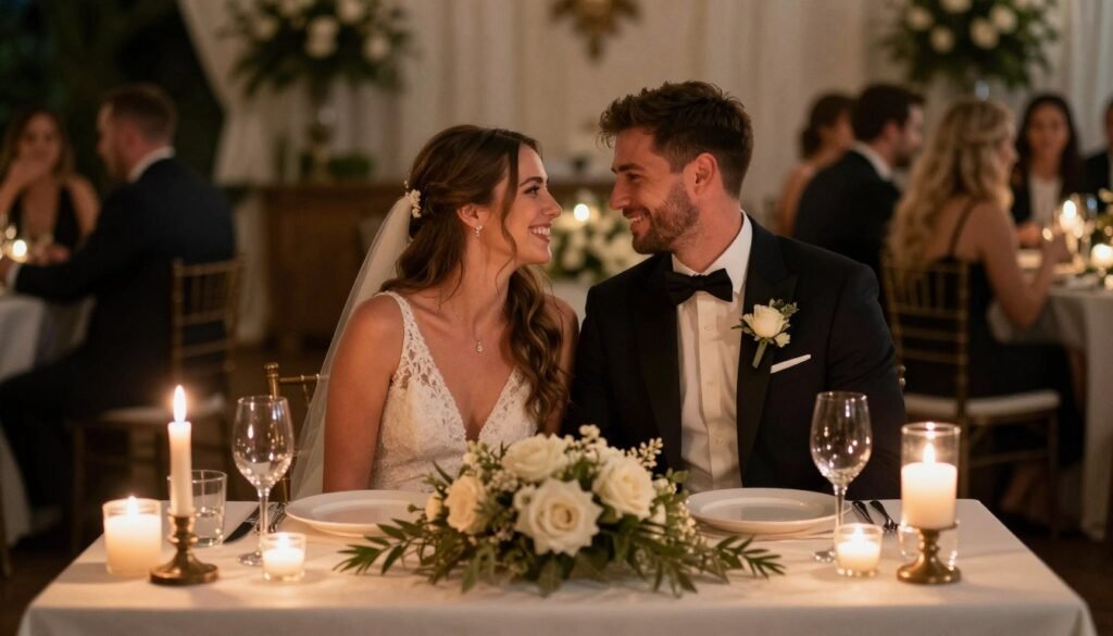 Bride and groom enjoying a moment at their beautifully decorated sweetheart table during reception Bride and groom enjoying a moment at their beautifully decorated sweetheart table during reception