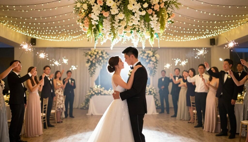 Bride and groom enjoying their first dance under a canopy of twinkling lights and floral installations Bride and groom enjoying their first dance under a canopy of twinkling lights and floral installations