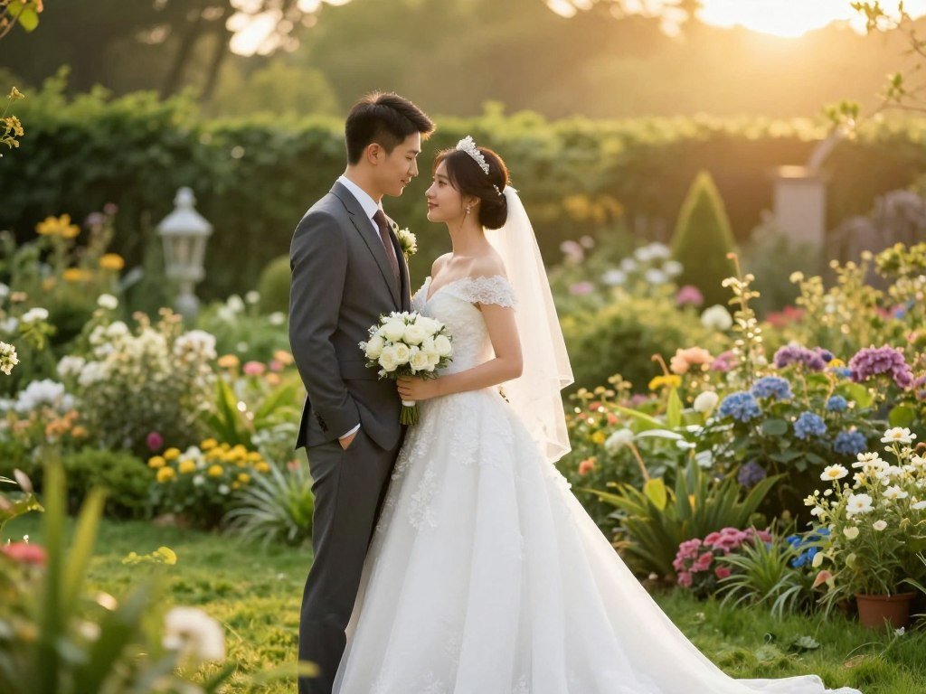 Bride and groom portrait in garden setting at golden hour
