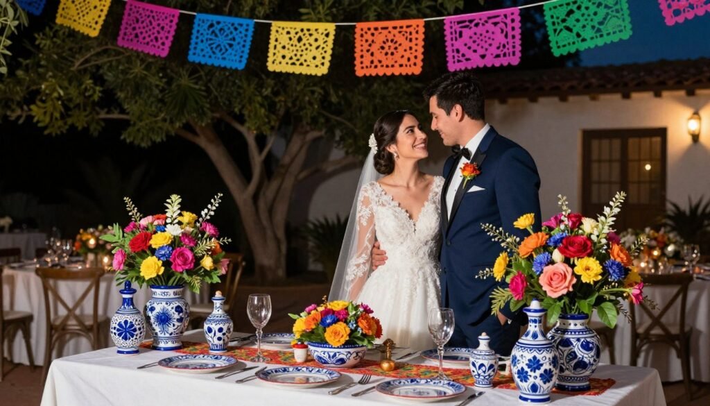 Bride and groom surrounded by Talavera wedding decor elements at their reception Bride and groom surrounded by Talavera wedding decor elements at their reception