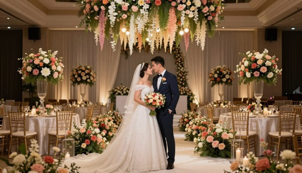 Bride and groom surrounded by beautiful wedding flower decorations Bride and groom surrounded by beautiful wedding flower decorations
