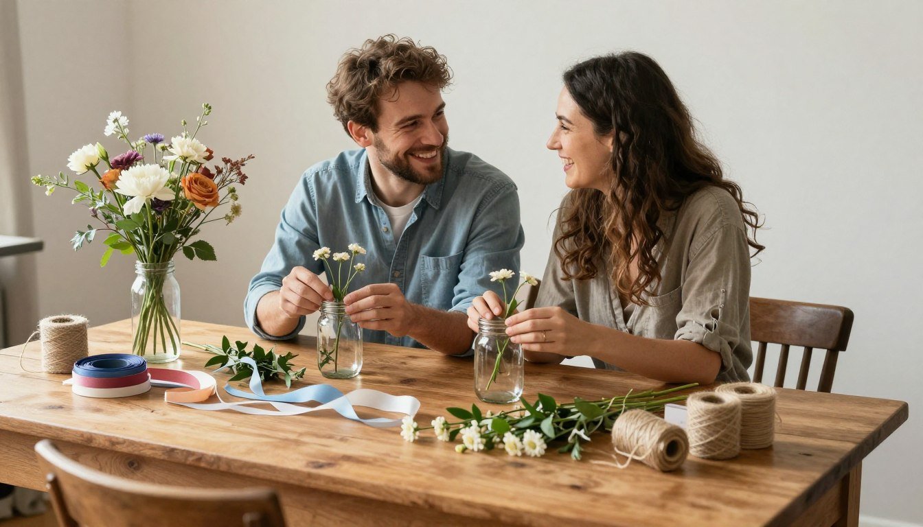 Bride and groom working together on DIY wedding decorations at a table covered with craft supplies